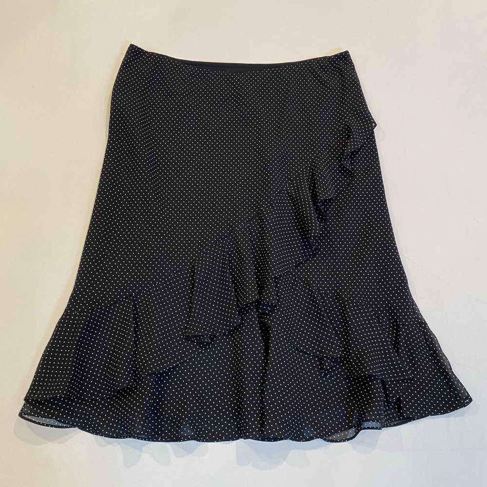 Vintage 90s Y2K Elegant Black Polka Dot Midi Slip Skirt with Ruffles, Preppy